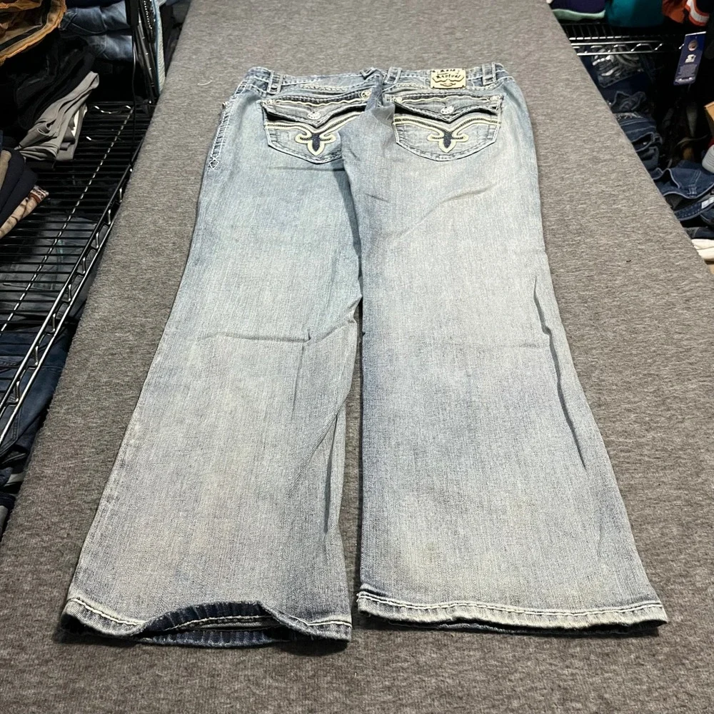 Rock Revival Sawyer Relaxed Straight Jeans Mens 34x31 LightWash Y2K Bootcut Blue